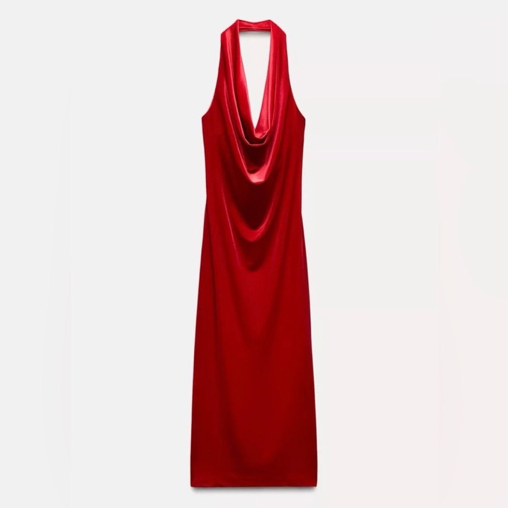 Zara Red Velvet Halter Cowl Neck Maxi Dress - NWT M